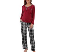 Donna Pigiami Due Pezzi per Primavera Autunno: Maglia Collo V e Maniche Lunghe + Pantaloni a Quadri-Bottoni Collo V/Borgogna/M