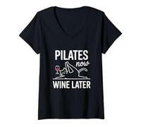 Donna Pilates Now Wine Later Allenamento per Gatti Maglietta con Collo a V