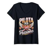 Donna Pilota per Passione Cuore Aereo Ali Fuoco Maglietta con Collo a V