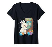 Donna Pinball Arcade Game Easter Rabbit Eggs Carino Primavera Maglietta con Collo a V