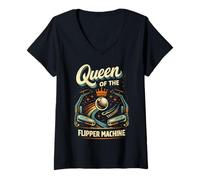 Donna Pinball Queen of The Flipper Machine Maglietta con Collo a V