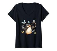 Donna Pinguino a Caccia di Farfalle - Penguin Kawaii Maglietta con Collo a V