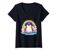 Donna Pinguino Arcobaleno - Penguin Kawaii Maglietta con Collo a V