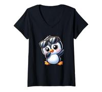 Donna Pinguino Carino con Occhiali da Sole Kawaii Cartoon Animal Maglietta con Collo a V