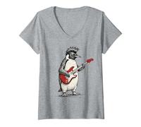 Donna Pinguino Che Suona la Chitarra Rock & Roll Penguins Rocker Maglietta con Collo a V