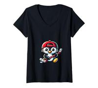 Donna Pinguino con Bastone da Hockey Cappello Rosso Maglietta con Collo a V