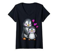 Donna Pinguino Mamma Madre Bambino Nonna Nipote Inverno Maglietta con Collo a V