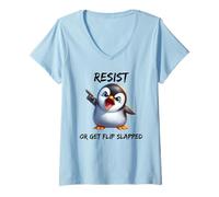 Donna Pinguino pazzo resistere o ottenere flip schiaffeggiato tariffa protesta umorismo Maglietta con Collo a V