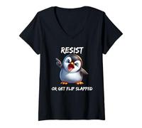 Donna Pinguino pazzo resistere o ottenere flip schiaffeggiato tariffa protesta umorismo Maglietta con Collo a V