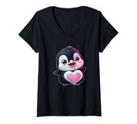 Donna Pinguino - Pinguino Carino con Cuore per Donne e Ragazze Maglietta con Collo a V