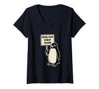 Donna Pinguino protestante divertente con un segno rendere il pesce di nuovo economico Maglietta con Collo a V