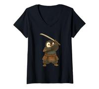Donna Pinguino Samurai con Katana Spada Lotta Arte Maglietta con Collo a V