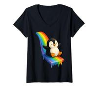 Donna Pinguino Scorrevole Giù Arcobaleno Carino Kawaii Divertente Illustrazione Maglietta con Collo a V