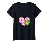 Donna Pink Buffalo Plaid Heart for St. Paddys Day Green Shamrock Maglietta con Collo a V