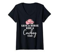 Donna Pink Coquette Cowgirl Hat Save a Horse Ride a Cowboy Yeehaw Maglietta con Collo a V