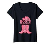 Donna Pink Cowgirl Boots On Da Ground Stile Western Country Maglietta con Collo a V