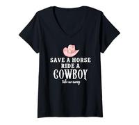 Donna Pink Cowgirl Hat Save a Horse Ride a Cowboy Western Country Maglietta con Collo a V