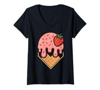 Donna Pink Dripping Ice Cream Baseball Home Plate Red Strawberry Maglietta con Collo a V