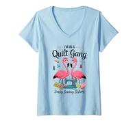 Donna Pink Flamingos in A Quilt Gang Sassy Sewing Sisters White Maglietta con Collo a V