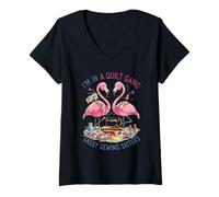 Donna Pink Flamingos in A Quilt Gang Sassy Sewing Sisters Women Maglietta con Collo a V