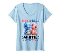 Donna Pink Or Blue Auntie Loves You T-Rex Dinosaur Gender Reveal Maglietta con Collo a V