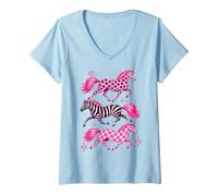 Donna Pink Pattern Horses Western Horse Girl Leopard Zebra Maglietta con Collo a V