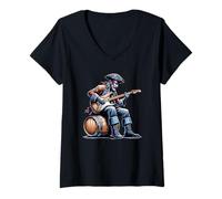 Donna Pirata seduta su un barile suonare la chitarra elettrica divertente Maglietta con Collo a V