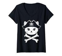 Donna Pirate Cat Face Crossbones Carino Gattino Donne Ragazze Bambini Uomini Maglietta con Collo a V