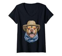 Donna Pit Bull con Occhiali da Sole e Cappello di Paglia Beachgoer Dog Summer Maglietta con Collo a V