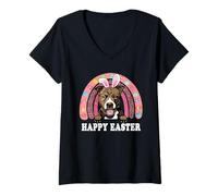 Donna Pit Bull Dog Easter Bunny Eggs Hunting Boho Rainbow Maglietta con Collo a V