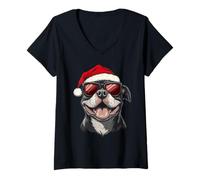 Donna Pitbull, Cappello da Babbo Natale, Divertente, Carino, Cane, Mamma, papà, Natale Maglietta con Collo a V