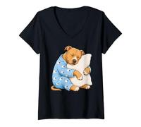 Donna Pitbull Che Dorme in Pigiama Carino Cane Maglietta con Collo a V