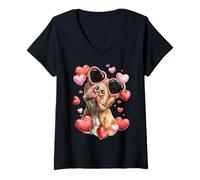 Donna Pitbull Dog - Occhiali a Forma di Cuore per San Valentino Maglietta con Collo a V