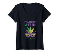 Donna Piume & Fun Mardi Gras Mask Design Maglietta con Collo a V