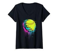Donna Pixel Glitch Art Softball Maglietta con Collo a V