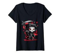 Donna Pixel Grim Reaper con Teschio in Stile retrò Maglietta con Collo a V