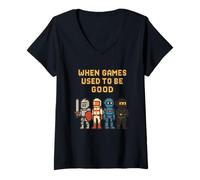 Donna Pixel Knight Ninja Astronauta Robot Retro Gamer Gaming Maglietta con Collo a V