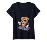 Donna Pizza Dj Food Suonare Musica Divertente Maglietta con Collo a V