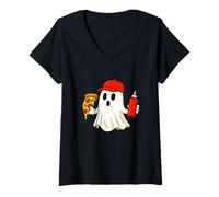 Donna Pizza Halloween Ghost Foodie Halloween Pizza Delivery Man Maglietta con Collo a V