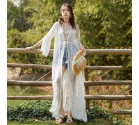 Donna Pizzo Bianco Lungo Cardigan Cover Ups Kimono Maxi Floreale Ricamato Puro