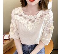 Donna Pizzo Camicetta Floreale Traforato Manica Corta Casual Stile Vintage