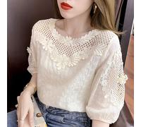 Donna Pizzo Camicia Camicetta Floreale Traforato Estivo Manica Corta Vintage Top