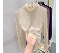 Donna Pizzo Camicia Dolcevita Top Lucido Trasparente Rete Camicetta Pullover