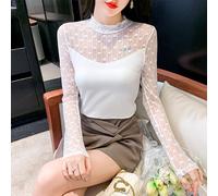 Donna Pizzo Camicia Pullover Top Basic Camicetta Traforato Velato a Rete