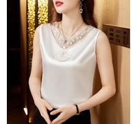 Donna Pizzo Raso Canotta Scollo V Gilet Finta Seta Top senza Maniche Camicetta
