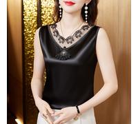 Donna Pizzo Raso Canotta Scollo V Gilet Finta Seta Top senza Maniche Camicetta