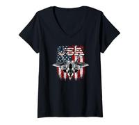 Donna Plane Fighter Jet War Combat Airplane Pilot US Flag Maglietta con Collo a V