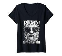 Donna Platone Filosofia Divertente Pop Art Ritratto Filosofo Maglietta con Collo a V
