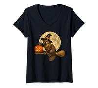 Donna Platypus Witch Hat Jack O Lantern Zucca Luna Scopa Maglietta con Collo a V