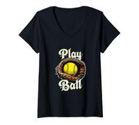 Donna Play Ball Illustration Timeless Softball Inspired Artwork Maglietta con Collo a V